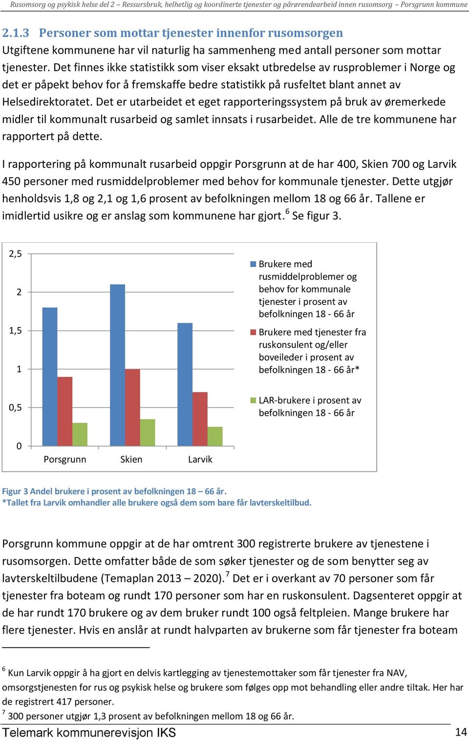 Det er utarbeidet et eget rapporteringssystem på bruk av øremerkede midler til kommunalt rusarbeid og samlet innsats i rusarbeidet. Alle de tre kommunene har rapportert på dette.