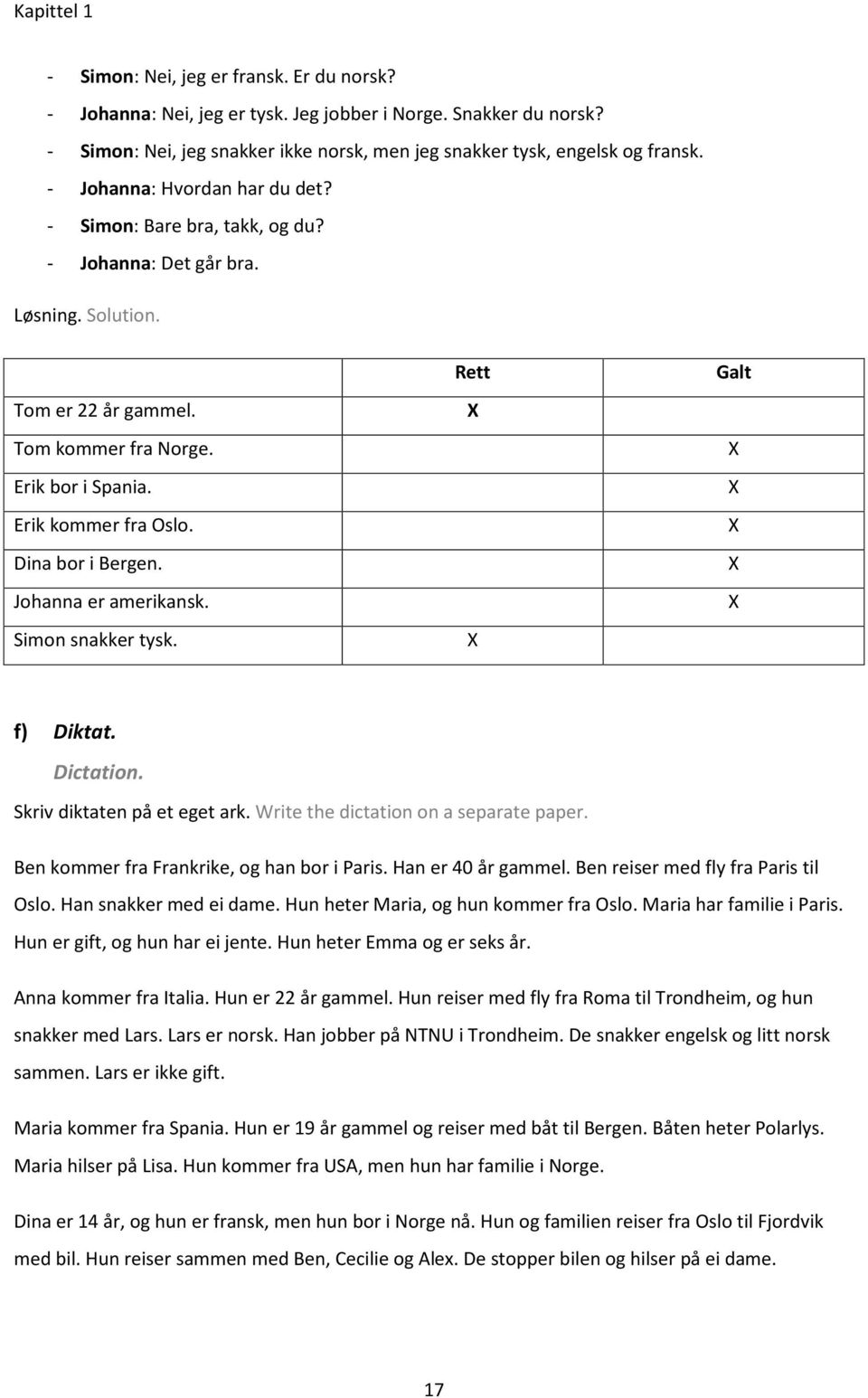 Dina bor i Bergen. Johanna er amerikansk. Simon snakker tysk. Rett X X Galt X X X X X f) Diktat. Dictation. Skriv diktaten på et eget ark. Write the dictation on a separate paper.
