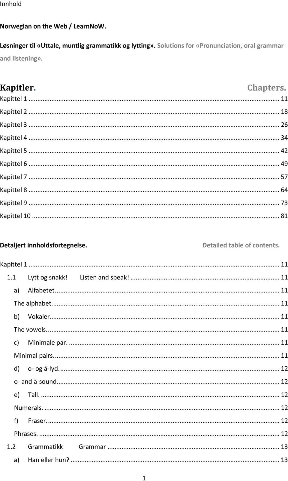 .. 81 Detaljert innholdsfortegnelse. Detailed table of contents. Kapittel 1... 11 1.1 Lytt og snakk! Listen and speak!... 11 a) Alfabetet.... 11 The alphabet.... 11 b) Vokaler.