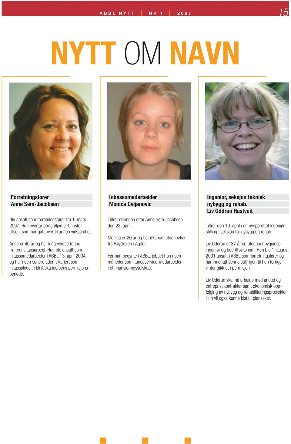 april 2004 og har i den senere tiden vikariert som inkassoleder, i Eli Alexandersens permisjonsperiode. Inkassomedarbeider Monica Cvijanovic Tiltrer stillingen etter Anne Sem-Jacobsen den 23. april.