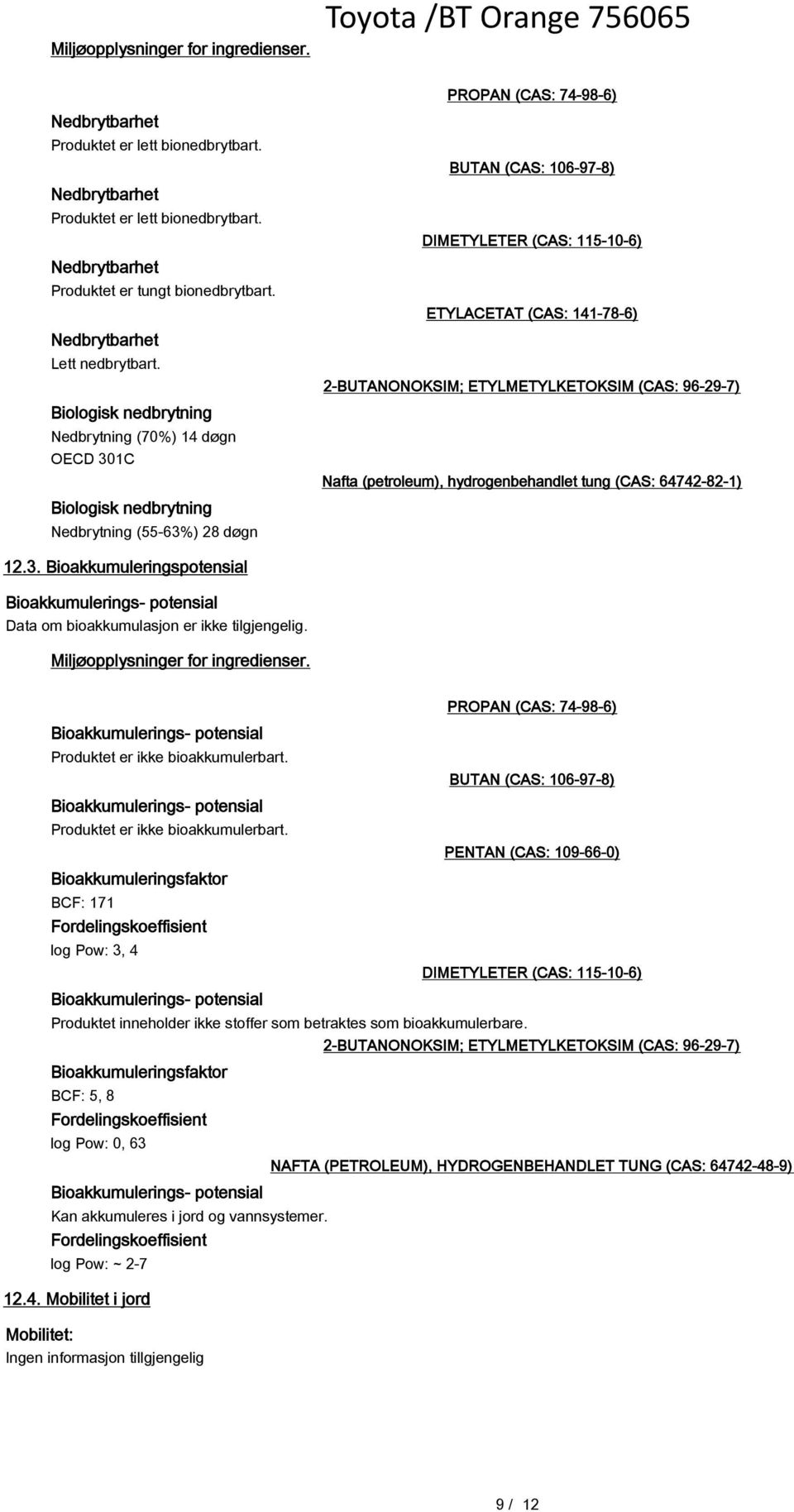 Biologisk nedbrytning Nedbrytning (70%) 14 døgn OECD 301C Biologisk nedbrytning Nedbrytning (55-63%) 28 døgn PROPAN (CAS: 74-98-6) BUTAN (CAS: 106-97-8) DIMETYLETER (CAS: 115-10-6) ETYLACETAT (CAS: