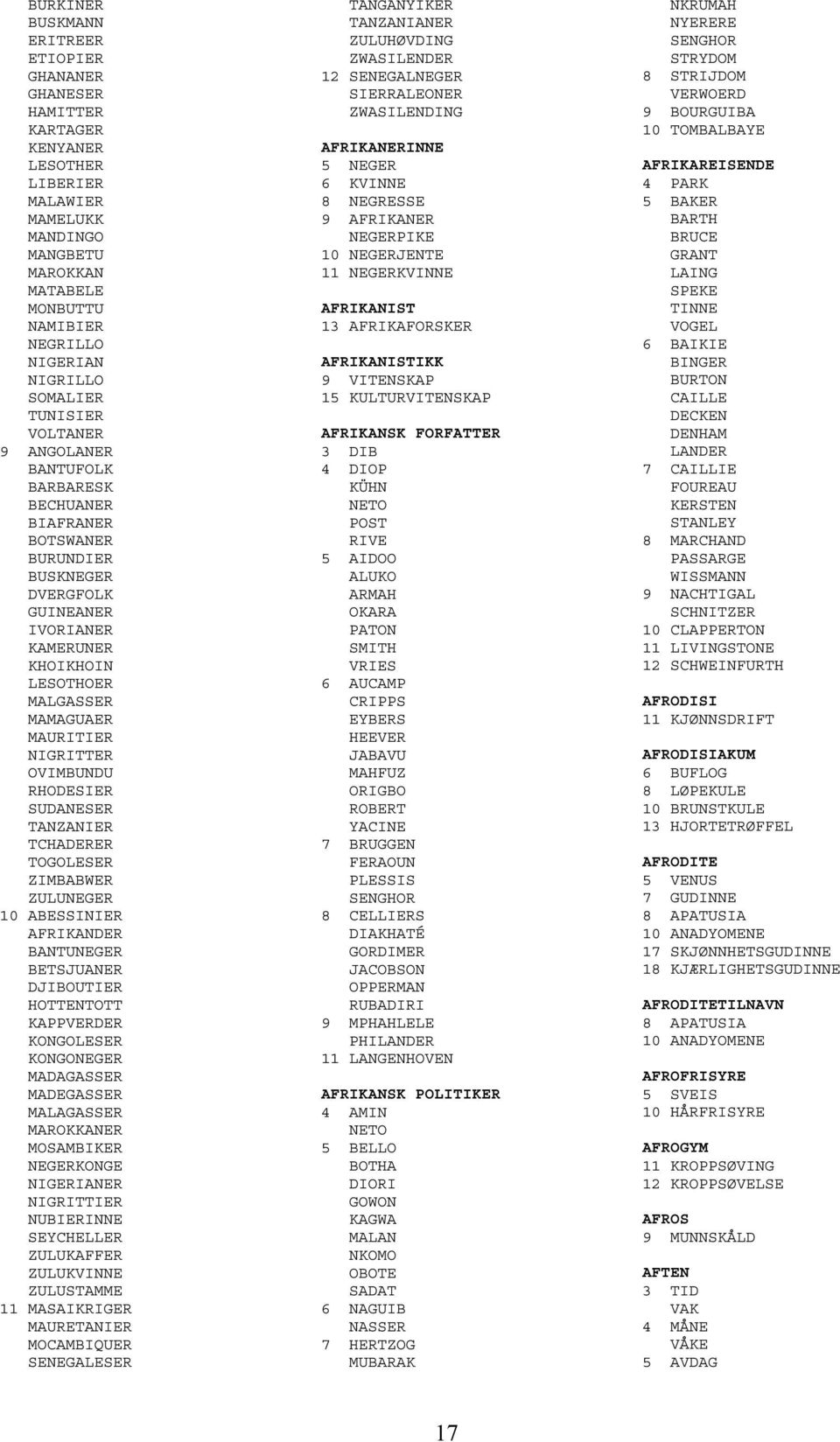 NIGRITTER OVIMBUNDU RHODESIER SUDANESER TANZANIER TCHADERER TOGOLESER ZIMBABWER ZULUNEGER 10 ABESSINIER AFRIKANDER BANTUNEGER BETSJUANER DJIBOUTIER HOTTENTOTT KAPPVERDER KONGOLESER KONGONEGER