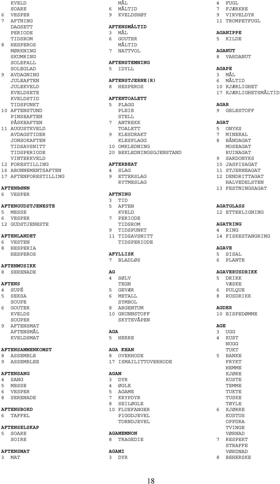 GUDSTJENESTE AFTENLANDET 6 VESTEN 8 HESPERIA HESPEROS AFTENMUSIKK 8 SERENADE AFTENS 4 SUPÉ 5 SEKSA SOUPE 6 GOUTER KVELDS SOUPER 9 AFTENSMAT AFTENSMÅL KVELDSMAT AFTENSAMMENKOMST 8 ASSEMBLE 9 ASSEMBLEE