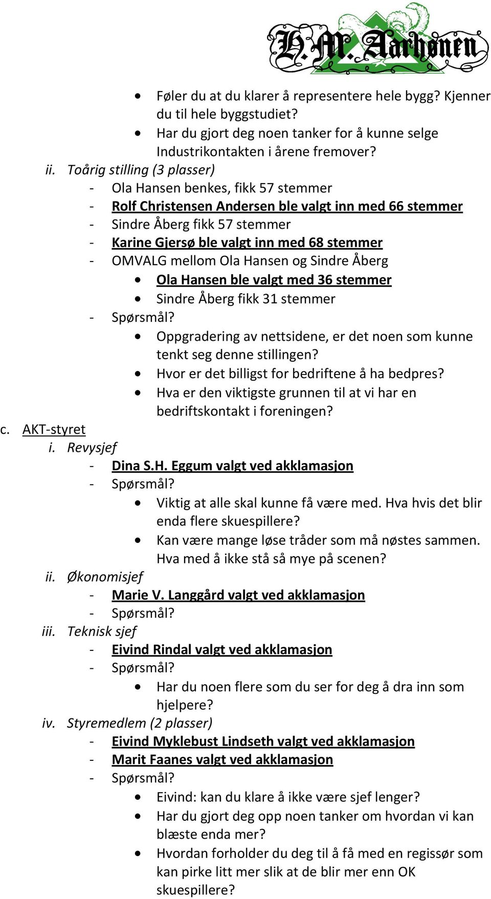 mellom Ola Hansen og Sindre Åberg Ola Hansen ble valgt med 36 stemmer Sindre Åberg fikk 31 stemmer Oppgradering av nettsidene, er det noen som kunne tenkt seg denne stillingen?