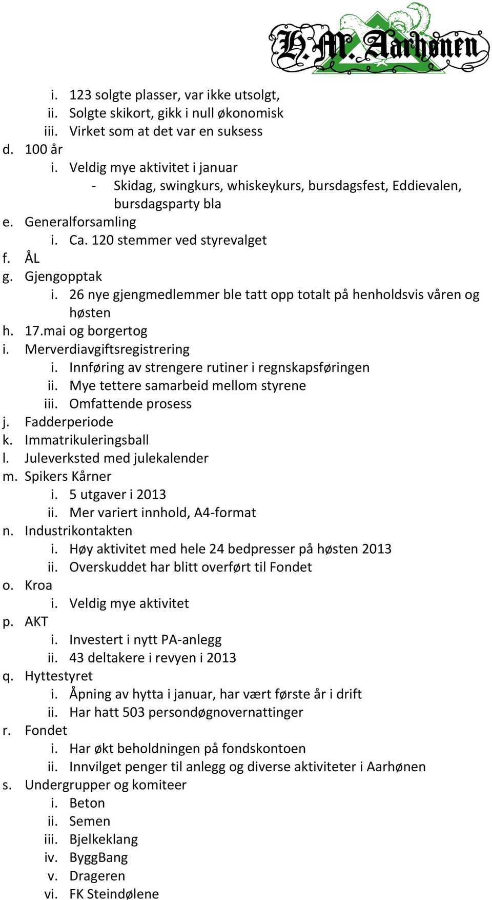 26 nye gjengmedlemmer ble tatt opp totalt på henholdsvis våren og høsten h. 17.mai og borgertog i. Merverdiavgiftsregistrering i. Innføring av strengere rutiner i regnskapsføringen ii.