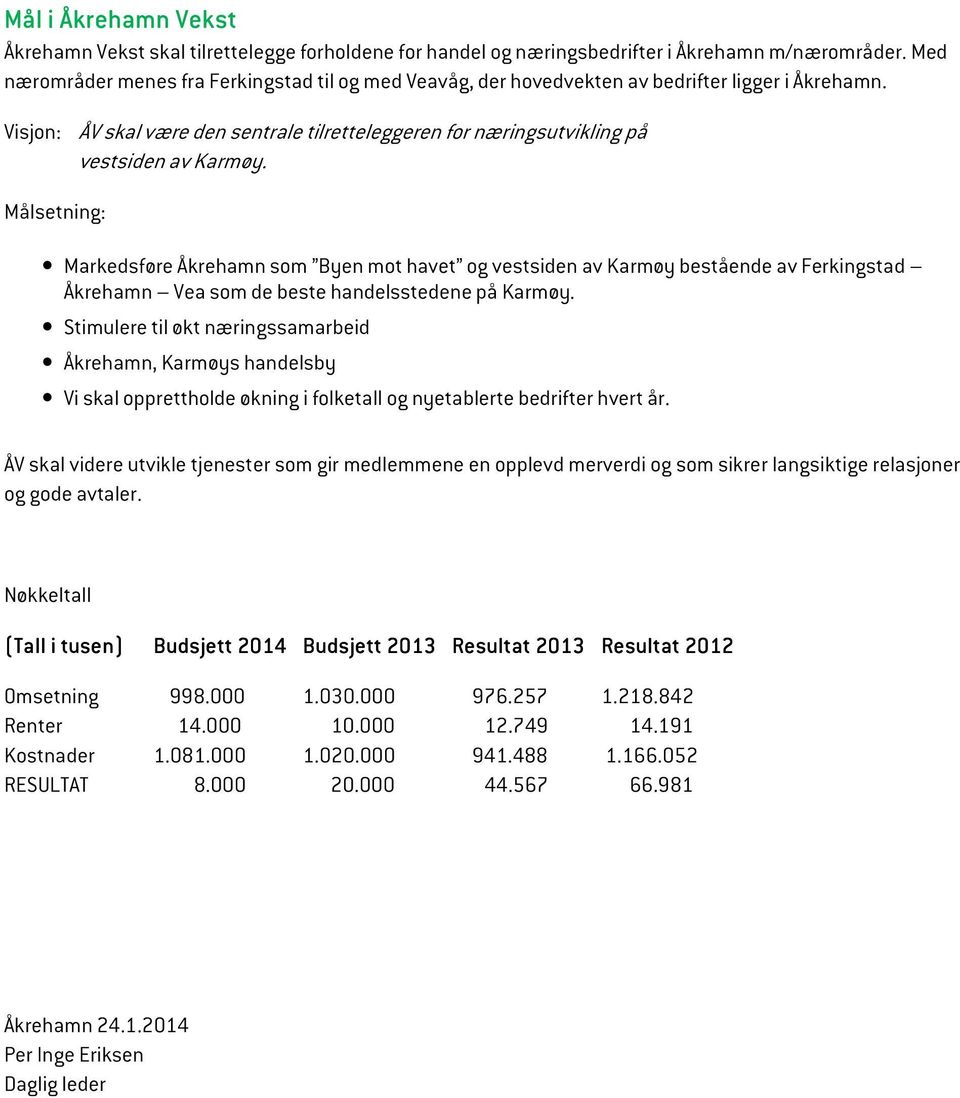 Målsetning: Markedsføre Åkrehamn som Byen mot havet og vestsiden av Karmøy bestående av Ferkingstad Åkrehamn Vea som de beste handelsstedene på Karmøy.