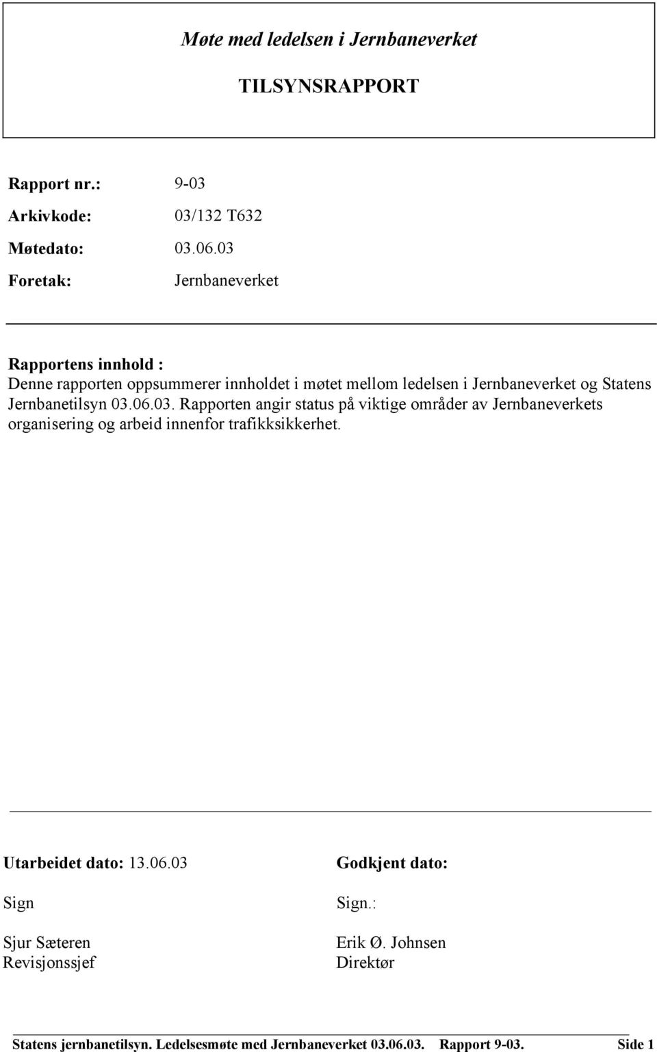 Jernbanetilsyn 03.06.03. Rapporten angir status på viktige områder av Jernbaneverkets organisering og arbeid innenfor trafikksikkerhet.