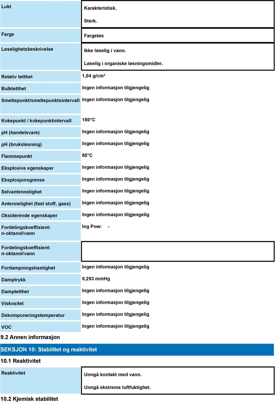 Eksplosjonsgrense Selvantennelighet Antennelighet (fast stoff, gass) Oksiderende egenskaper Fordelingskoeffisient: n-oktanol/vann log Pow: - Fordelingskoeffisient: n-oktanol/vann