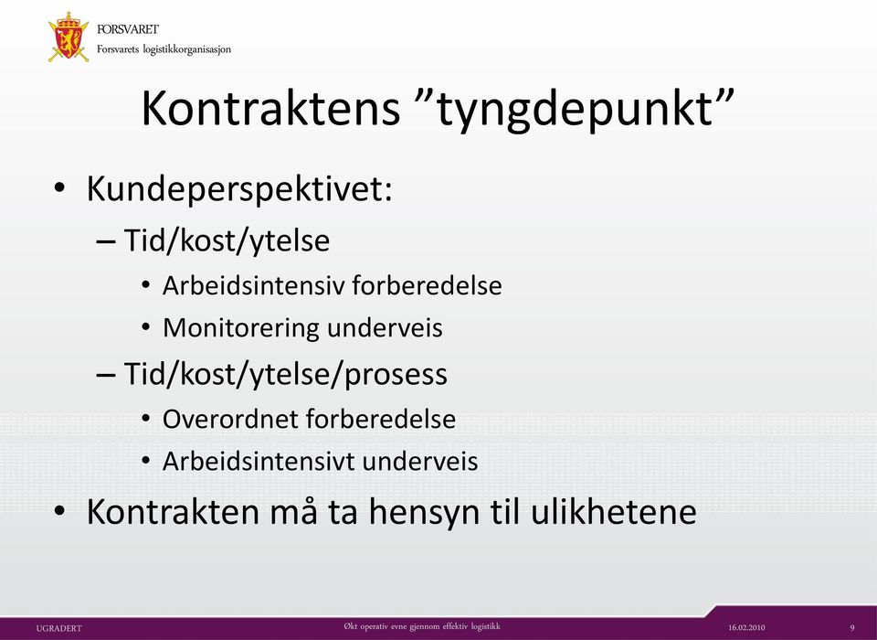 Tid/kost/ytelse/prosess Overordnet forberedelse