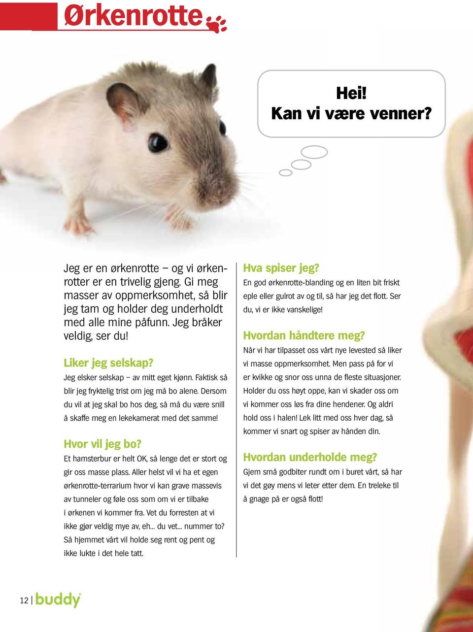 Dersom du vil at jeg skal bo hos deg, så må du være snill å skaffe meg en lekekamerat med det samme! Hvor vil jeg bo? Et hamsterbur er helt OK, så lenge det er stort og gir oss masse plass.