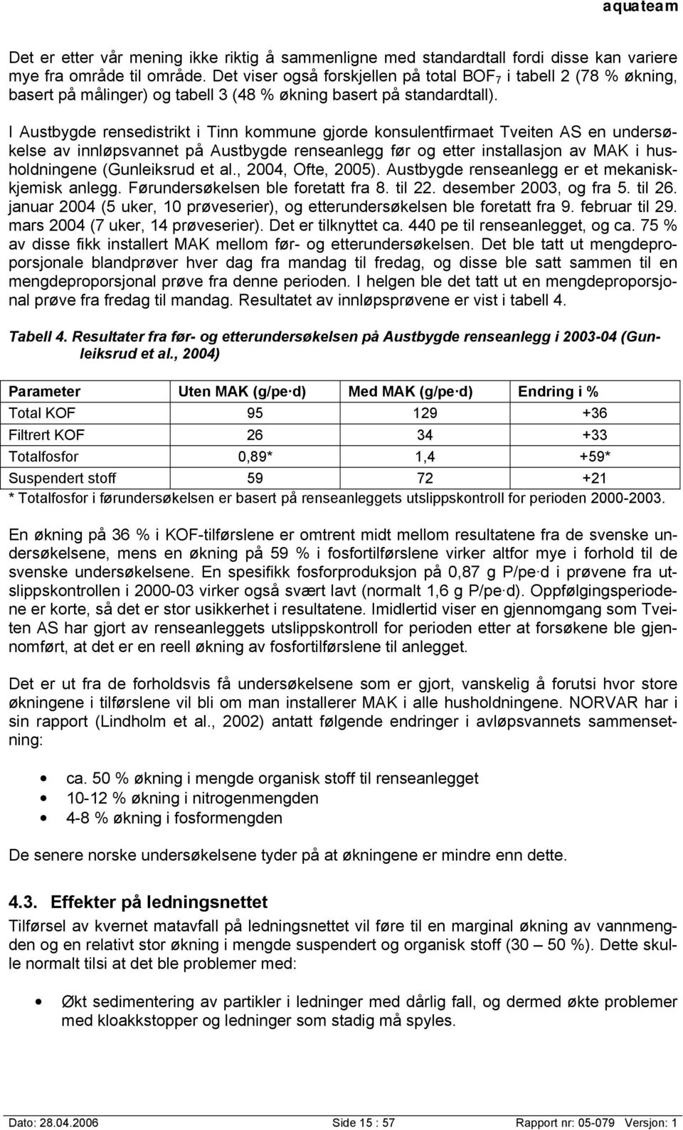 I Austbygde rensedistrikt i Tinn kommune gjorde konsulentfirmaet Tveiten AS en undersøkelse av innløpsvannet på Austbygde renseanlegg før og etter installasjon av MAK i husholdningene (Gunleiksrud et