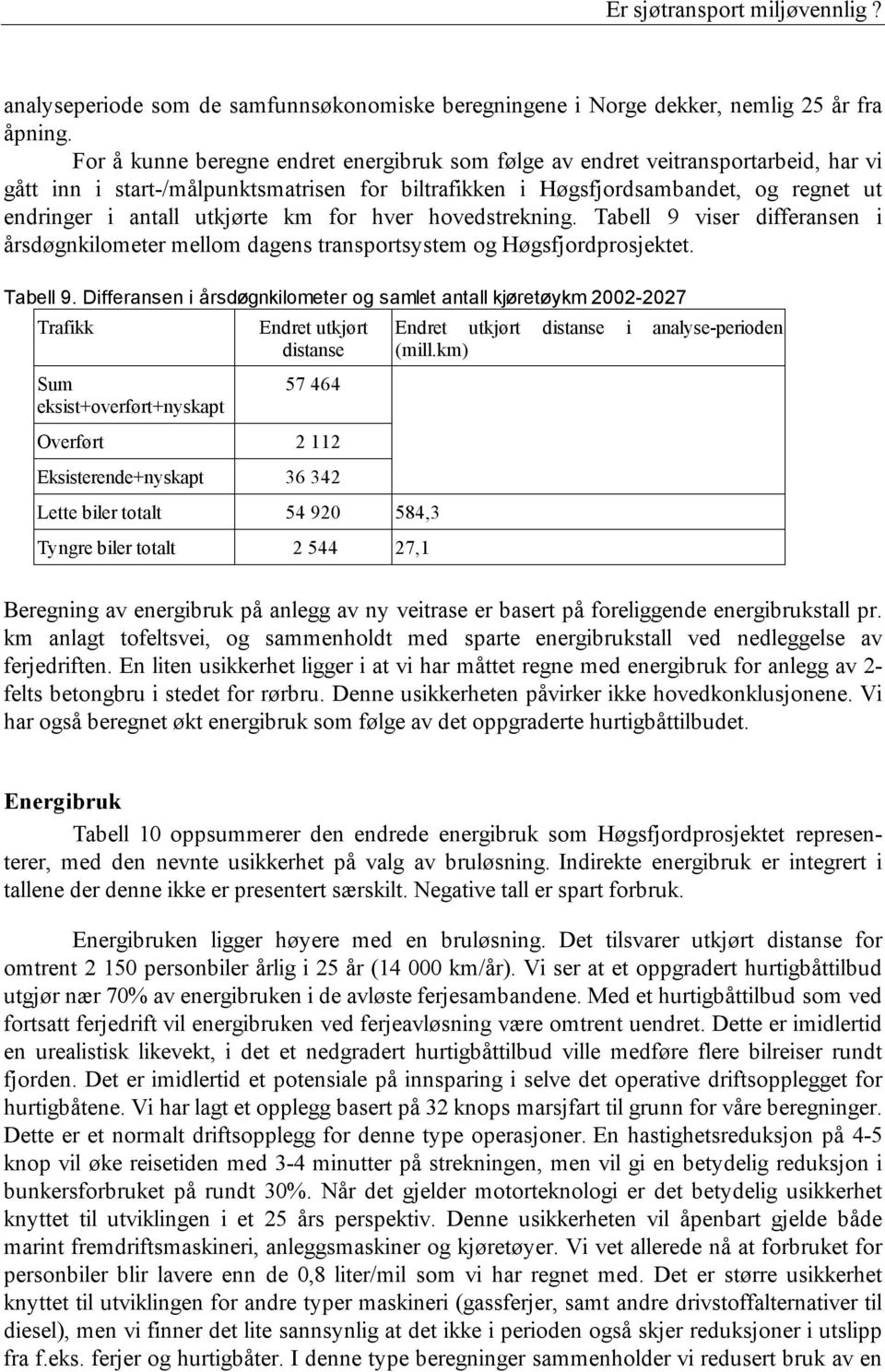 utkjørte km for hver hovedstrekning. Tabell 9 