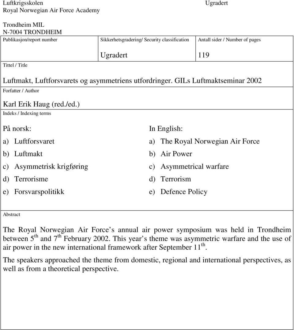 ) Indeks / Indexing terms På norsk: a) Luftforsvaret b) Luftmakt c) Asymmetrisk krigføring d) Terrorisme e) Forsvarspolitikk In English: a) The Royal Norwegian Air Force b) Air Power c) Asymmetrical