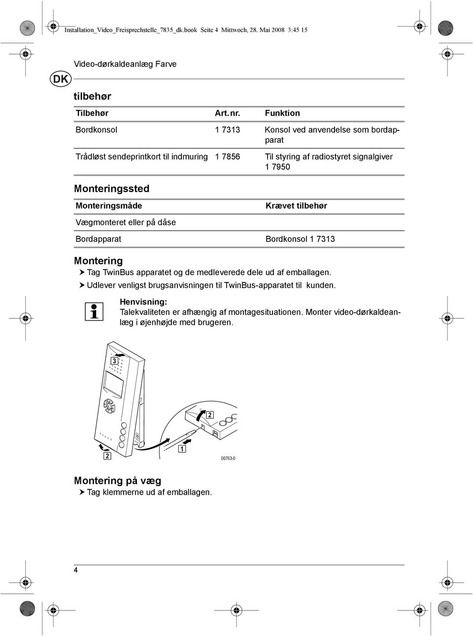 Monteringsmåde Krævet tilbehør Vægmonteret eller på dåse Bordapparat Bordkonsol 1 7313 Montering! Tag TwinBus apparatet og de medleverede dele ud af emballagen.