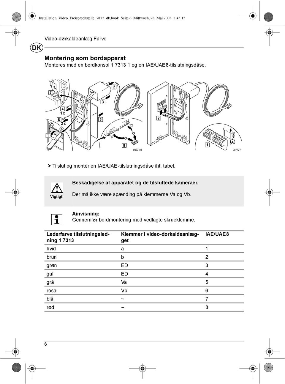 7 4 1 x 6 x 5 3 1 8 00771-0 1 8,5 mm 0077-1! Tilslut og montér en IAE/UAE-tilslutningsdåse iht. tabel. Beskadigelse af apparatet og de tilsluttede kameraer.