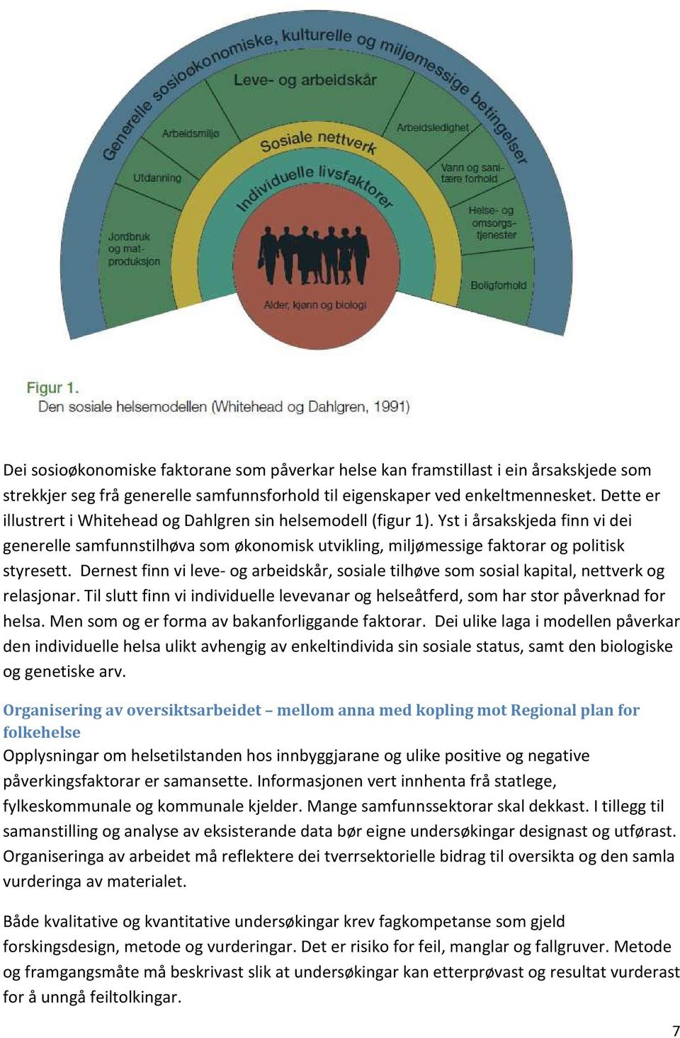 Dernest finn vi leve- og arbeidskår, sosiale tilhøve som sosial kapital, nettverk og relasjonar. Til slutt finn vi individuelle levevanar og helseåtferd, som har stor påverknad for helsa.