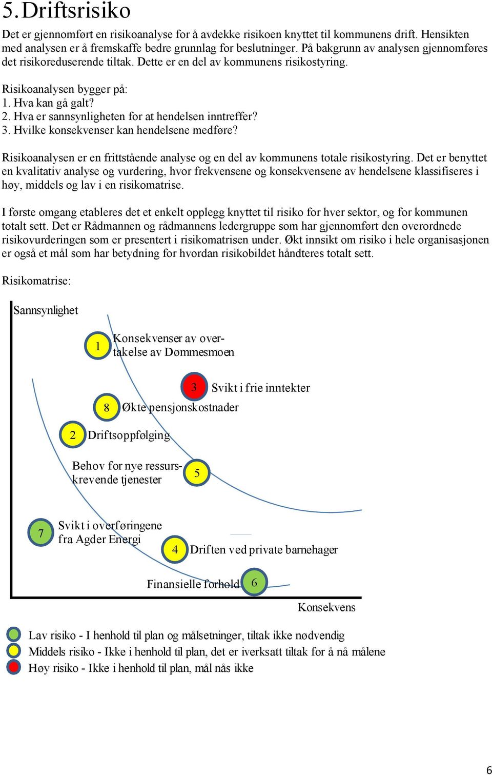 Hva er sannsynligheten for at hendelsen inntreffer? 3. Hvilke konsekvenser kan hendelsene medføre? Risikoanalysen er en frittstående analyse og en del av kommunens totale risikostyring.