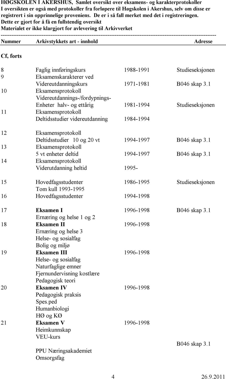 Deltidsstudier 10 og 20 vt 1994-1997 B046 skap 3.1 13 Eksamensprotokoll 5 vt enheter deltid 1994-1997 B046 skap 3.