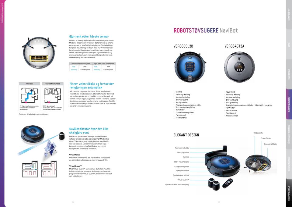 Med sine 38 sensorer, innebygde digitalkamera og smarte programvare, er NaviBot helt selvgående. Støvbeholderen har plass til 0,6 liter og er utstyrt med HEPA-filter.