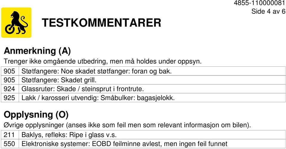 Glassruter: Skade / steinsprut i frontrute. Lakk / karosseri utvendig: Småbulker: bagasjelokk.