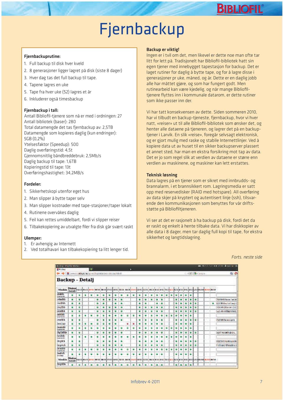 Inkluderer også timesbackup Fjernbackup i tall: Antall Bibliofil-tjenere som nå er med i ordningen: 27 Antall bibliotek (baser): 280 Total datamengde det tas fjernbackup av: 2,5TB Datamengde som