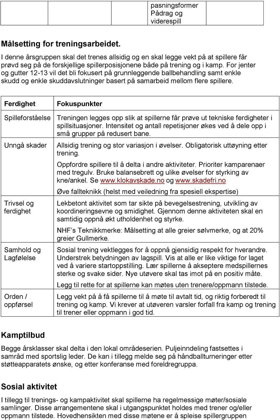 For jenter og gutter 12-13 vil det bli fokusert på grunnleggende ballbehandling samt enkle skudd og enkle skuddavslutninger basert på samarbeid mellom flere spillere.