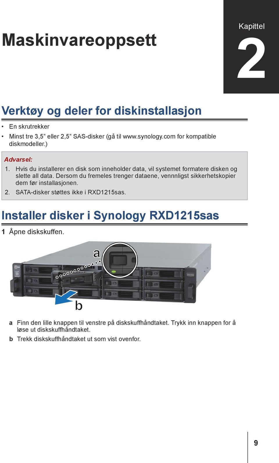 Dersom du fremeles trenger dataene, vennnligst sikkerhetskopier dem før installasjonen. 2. SATA-disker støttes ikke i RXD1215sas.