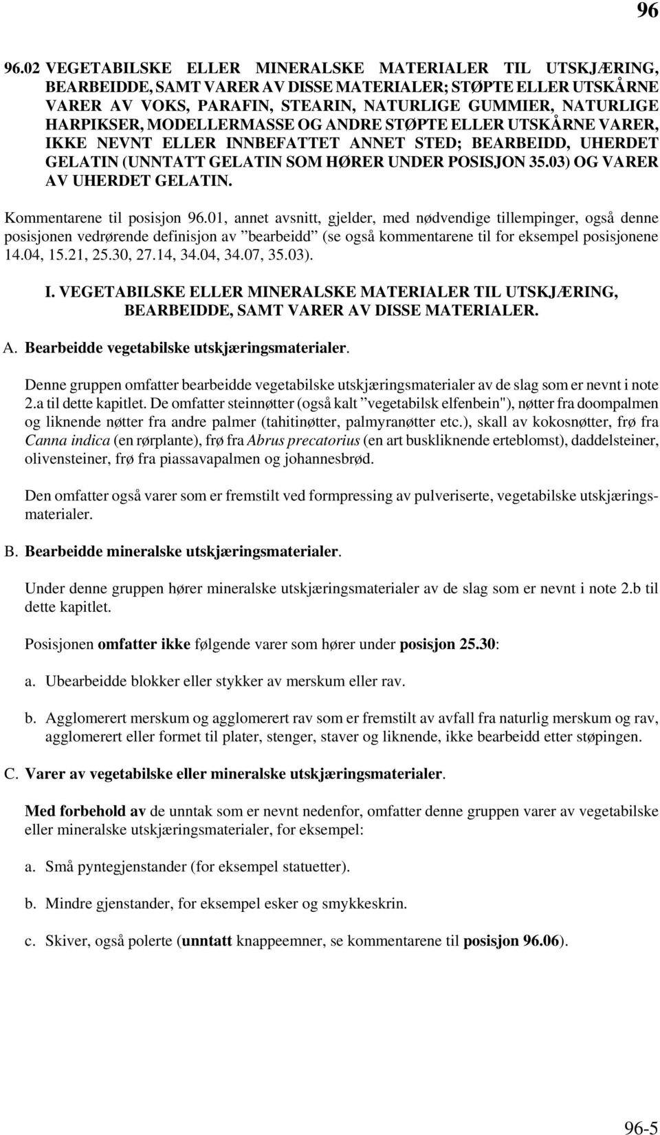 03) OG VARER AV UHERDET GELATIN. Kommentarene til posisjon 96.