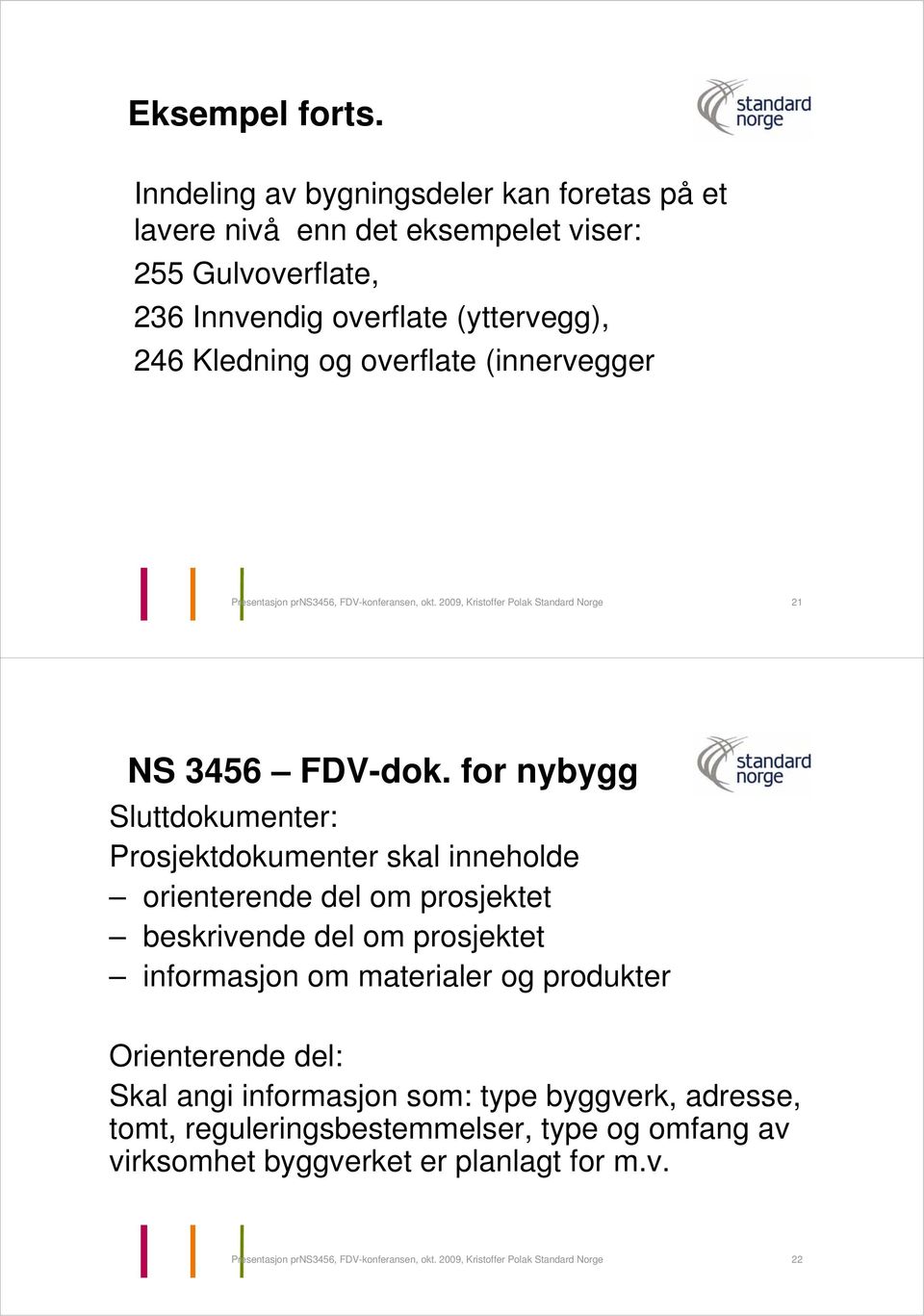(innervegger Presentasjon prns3456, FDV-konferansen, okt. 2009, Kristoffer Polak Standard Norge 21 NS 3456 FDV-dok.