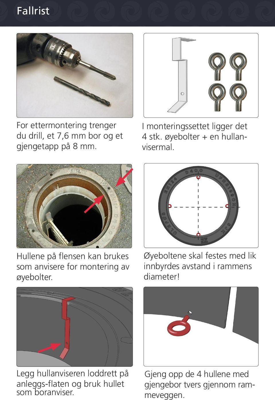 Hullene på flensen kan brukes som anvisere for montering av øyebolter.