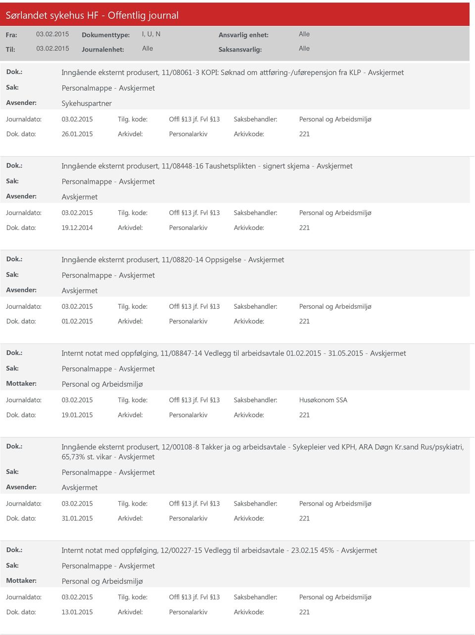 2014 Personalarkiv 221 Inngående eksternt produsert, 11/08820-14 Oppsigelse - Personalmappe - 01.02.2015 Personalarkiv 221 Internt notat med oppfølging, 11/08847-14 Vedlegg til arbeidsavtale 01.02.2015-31.