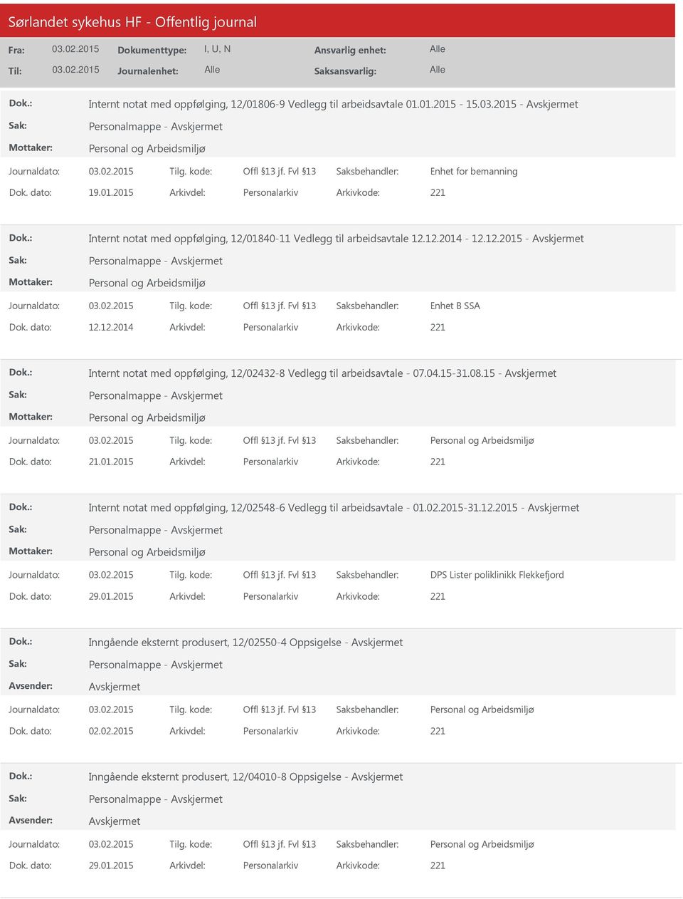 02.2015-31.12.2015 - Personalmappe - DPS Lister poliklinikk Flekkefjord 29.01.2015 Personalarkiv 221 Inngående eksternt produsert, 12/02550-4 Oppsigelse - Personalmappe - 02.02.2015 Personalarkiv 221 Inngående eksternt produsert, 12/04010-8 Oppsigelse - Personalmappe - 29.