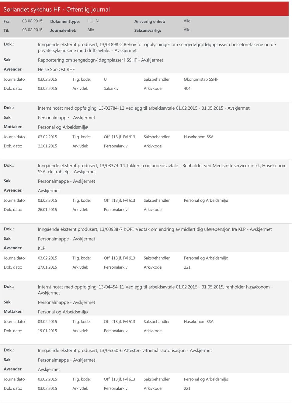 2015 - Personalmappe - Husøkonom SSA 22.01.2015 Personalarkiv Inngående eksternt produsert, 13/03374-14 Takker ja og arbeidsavtale - Renholder ved Medisinsk serviceklinikk, Husøkonom SSA, ekstrahjelp - Personalmappe - 26.