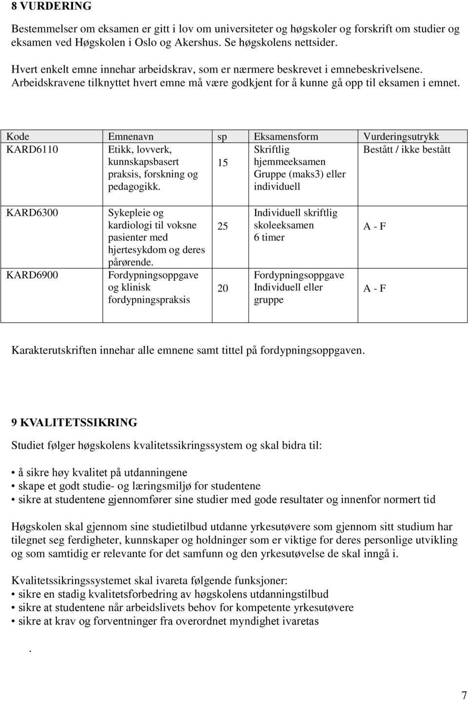 Kode Emnenavn sp Eksamensform Vurderingsutrykk KARD6110 Etikk, lovverk, kunnskapsbasert praksis, forskning og pedagogikk.