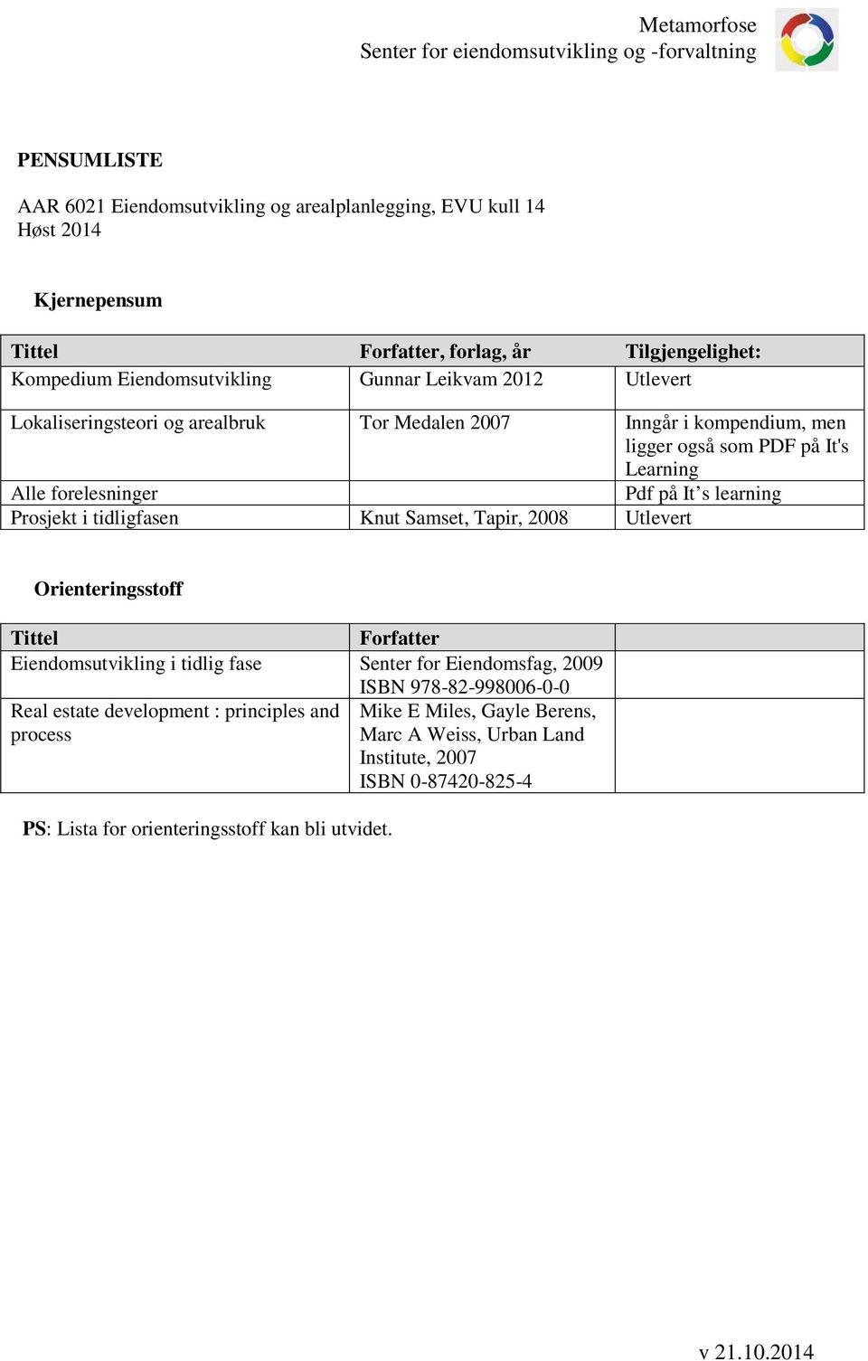 Prosjekt i tidligfasen Knut Samset, Tapir, 2008 Utlevert Orienteringsstoff Tittel Forfatter Eiendomsutvikling i tidlig fase Senter for Eiendomsfag, 2009 ISBN 978-82-998006-0-0