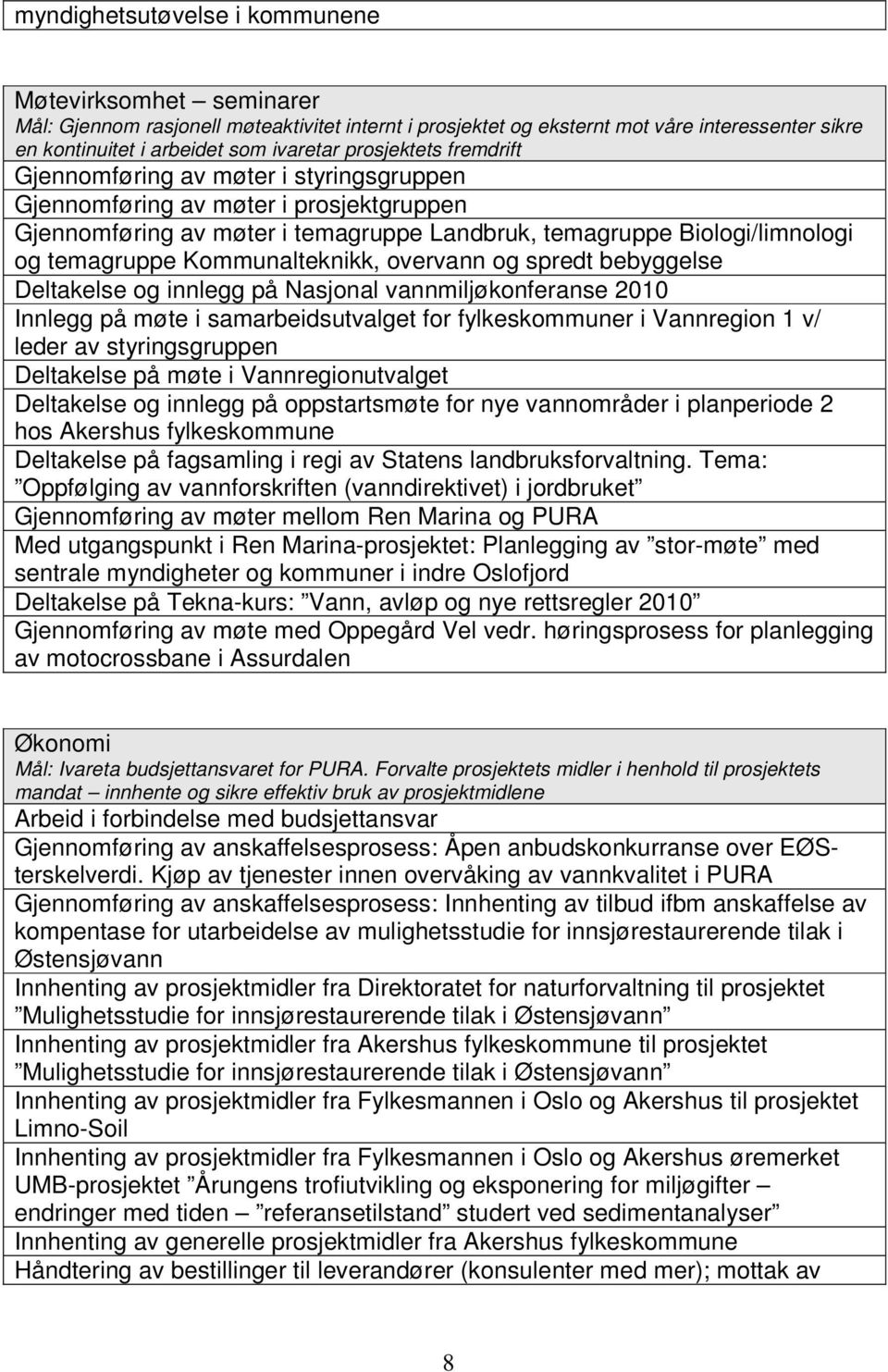 Kommunalteknikk, overvann og spredt bebyggelse Deltakelse og innlegg på Nasjonal vannmiljøkonferanse 2010 Innlegg på møte i samarbeidsutvalget for fylkeskommuner i Vannregion 1 v/ leder av