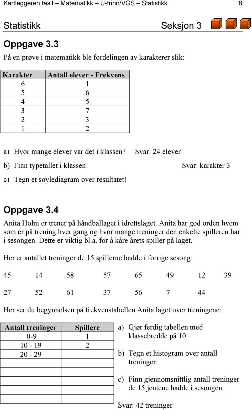 Svar: 24 elever b) Finn typetallet i klassen! Svar: karakter 3 c) Tegn et søylediagram over resultatet! Oppgave 3.4 Anita Holm er trener på håndballaget i idrettslaget.