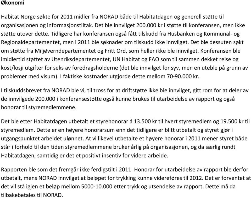 Tidligere har konferansen også fått tilskudd fra Husbanken og Kommunal og Regionaldepartementet, men i 2011 ble søknader om tilskudd ikke innvilget.