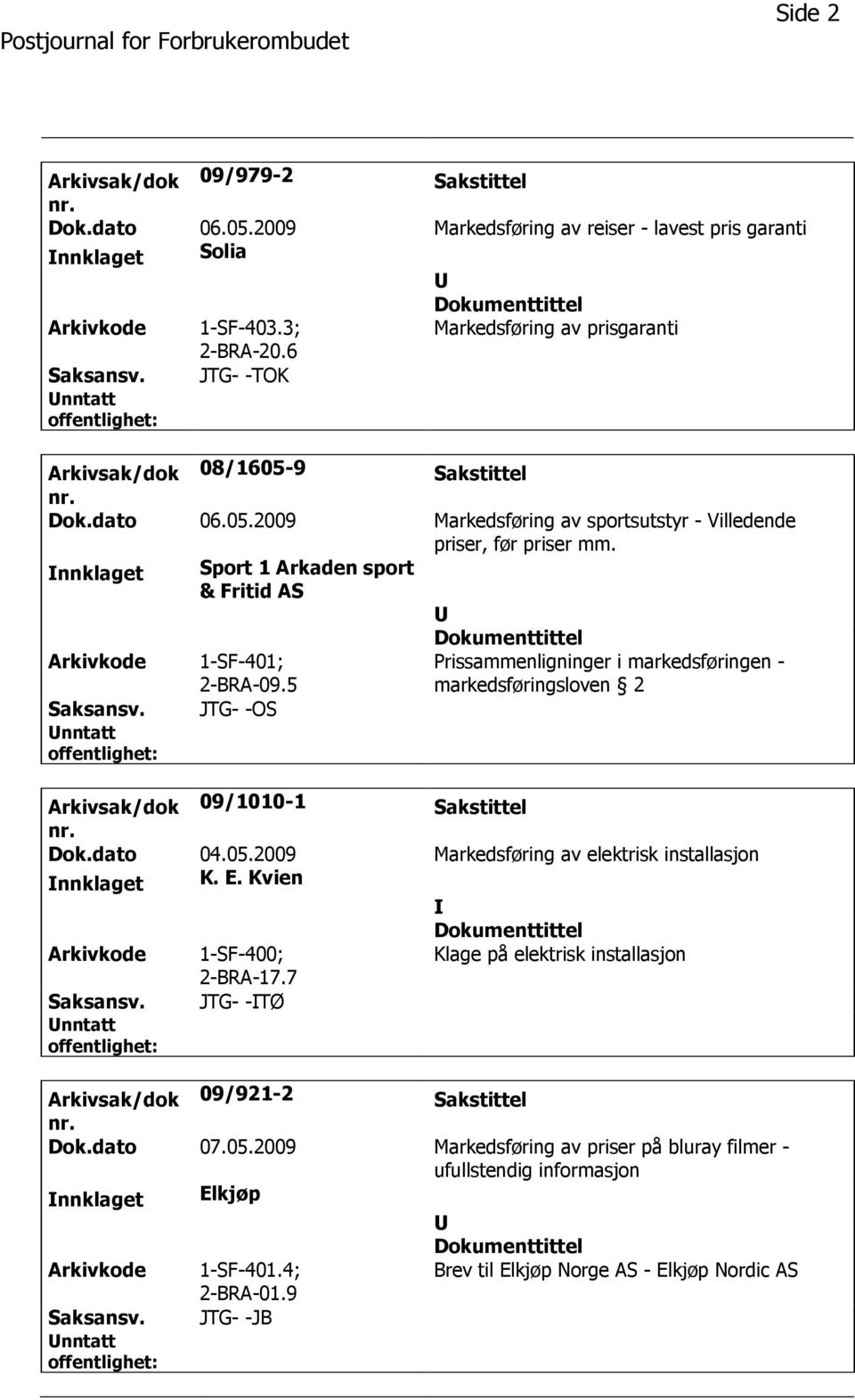 nnklaget Sport 1 Arkaden sport & Fritid AS 1-SF-401; 2-BRA-09.5 Prissammenligninger i markedsføringen - markedsføringsloven 2 JTG- -OS Arkivsak/dok 09/1010-1 Sakstittel Dok.dato 04.05.