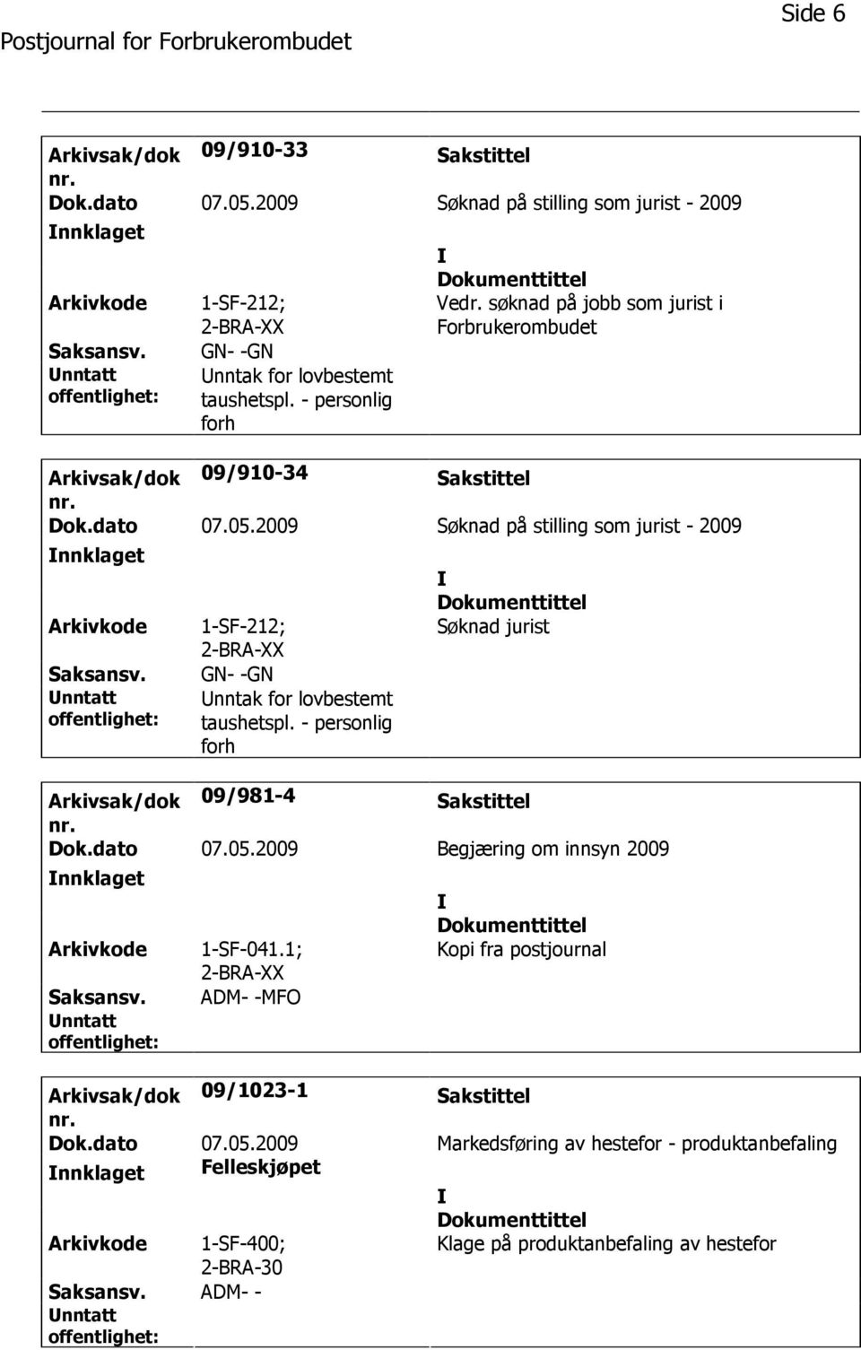 2009 Søknad på stilling som jurist - 2009 nnklaget 1-SF-212; 2-BRA-XX GN- -GN nntak for lovbestemt taushetspl. - personlig forh Søknad jurist Arkivsak/dok 09/981-4 Sakstittel Dok.dato 07.