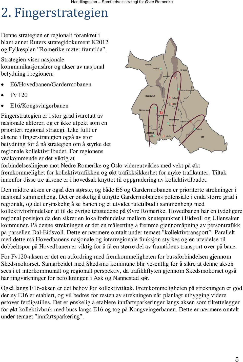 aktører, og er ikke utpekt som en prioritert regional strategi. Like fullt er aksene i fingerstrategien også av stor betydning for å nå strategien om å styrke det regionale kollektivtilbudet.