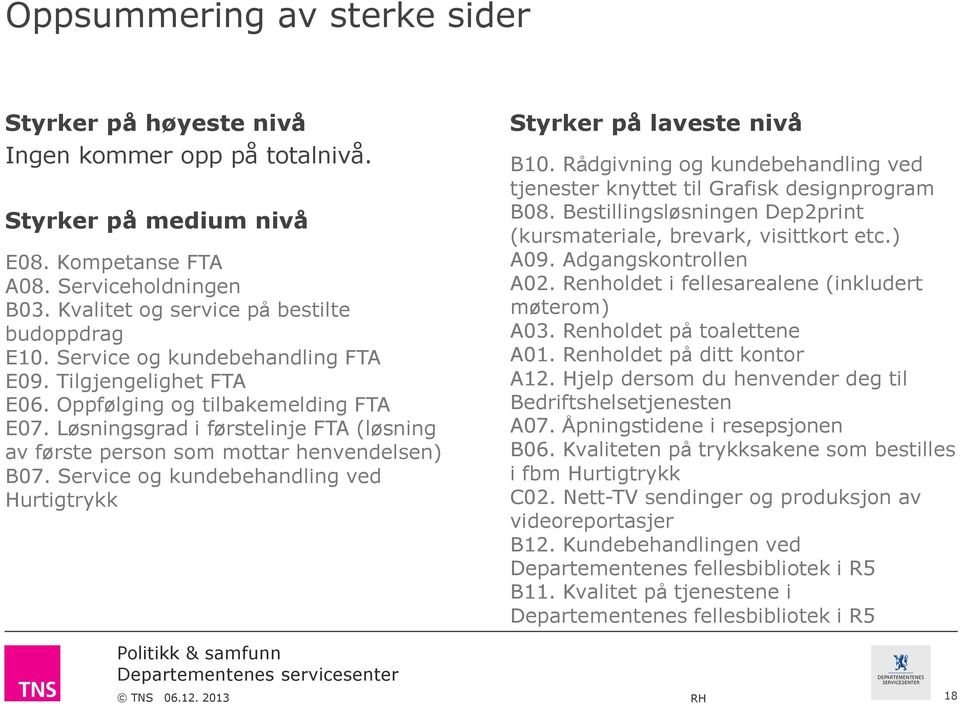 Løsningsgrad i førstelinje FTA (løsning av første person som mottar henvendelsen) B07. Service og kundebehandling ved Hurtigtrykk Styrker på laveste nivå B10.