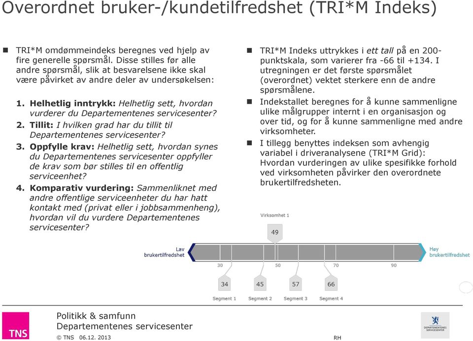 Tillit: I hvilken grad har du tillit til? 3. Oppfylle krav: Helhetlig sett, hvordan synes du oppfyller de krav som bør stilles til en offentlig serviceenhet? 4.