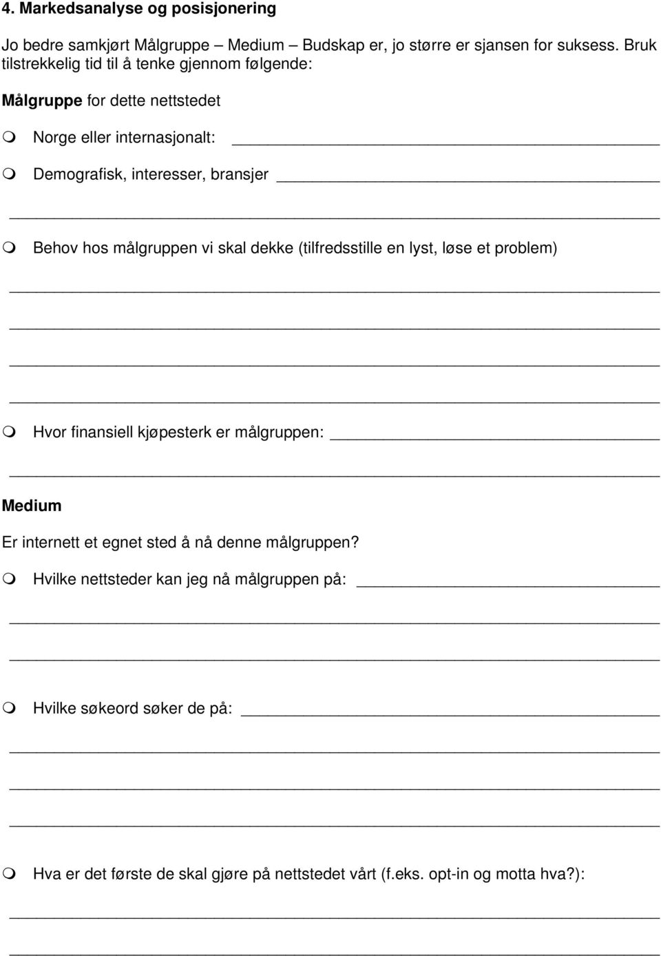 Behov hos målgruppen vi skal dekke (tilfredsstille en lyst, løse et problem) Hvor finansiell kjøpesterk er målgruppen: Medium Er internett et egnet