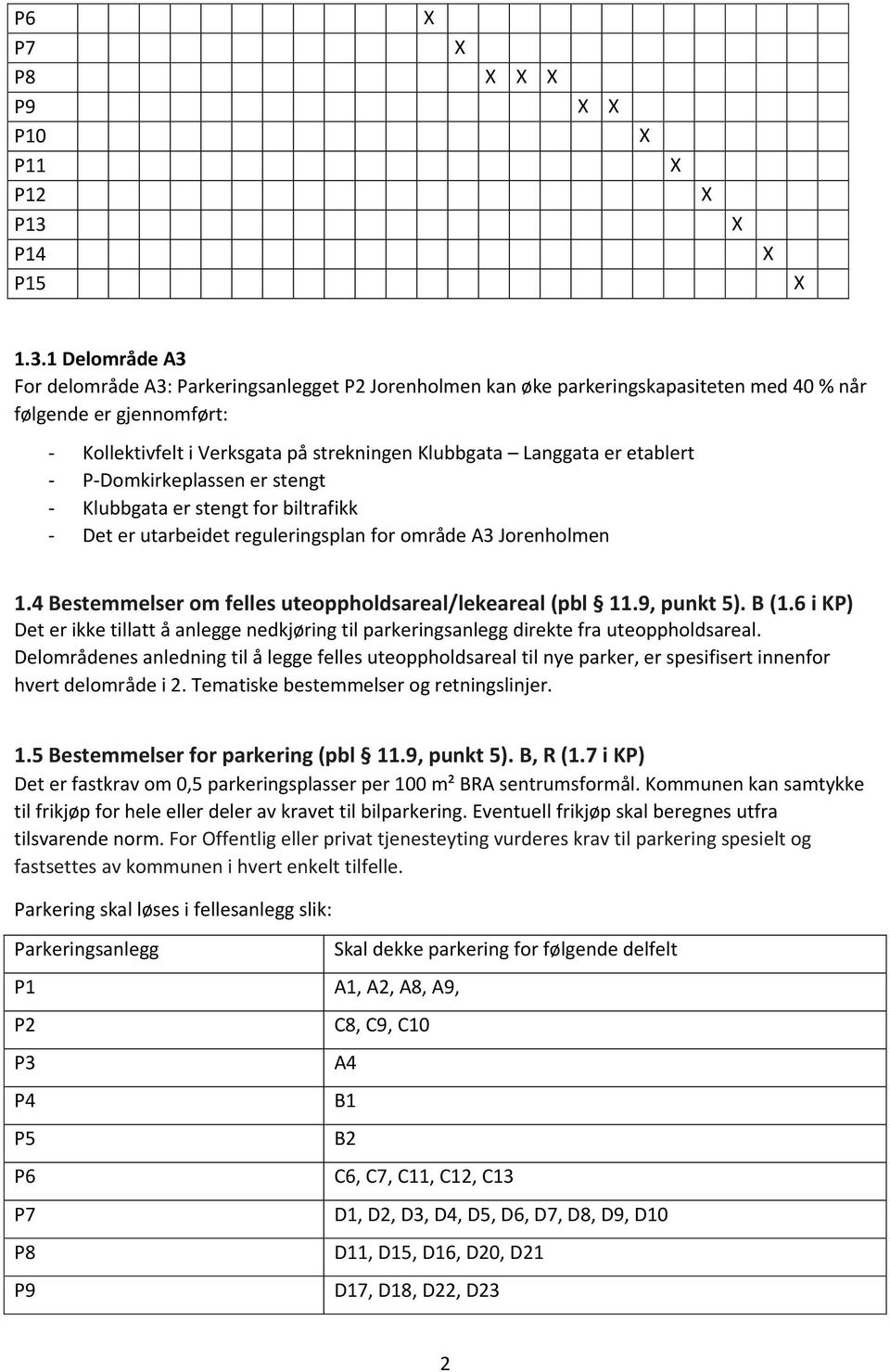 1 Delområde A3 For delområde A3: Parkeringsanlegget P2 Jorenholmen kan øke parkeringskapasiteten med 40 % når følgende er gjennomført: - Kollektivfelt i Verksgata på strekningen Klubbgata Langgata er