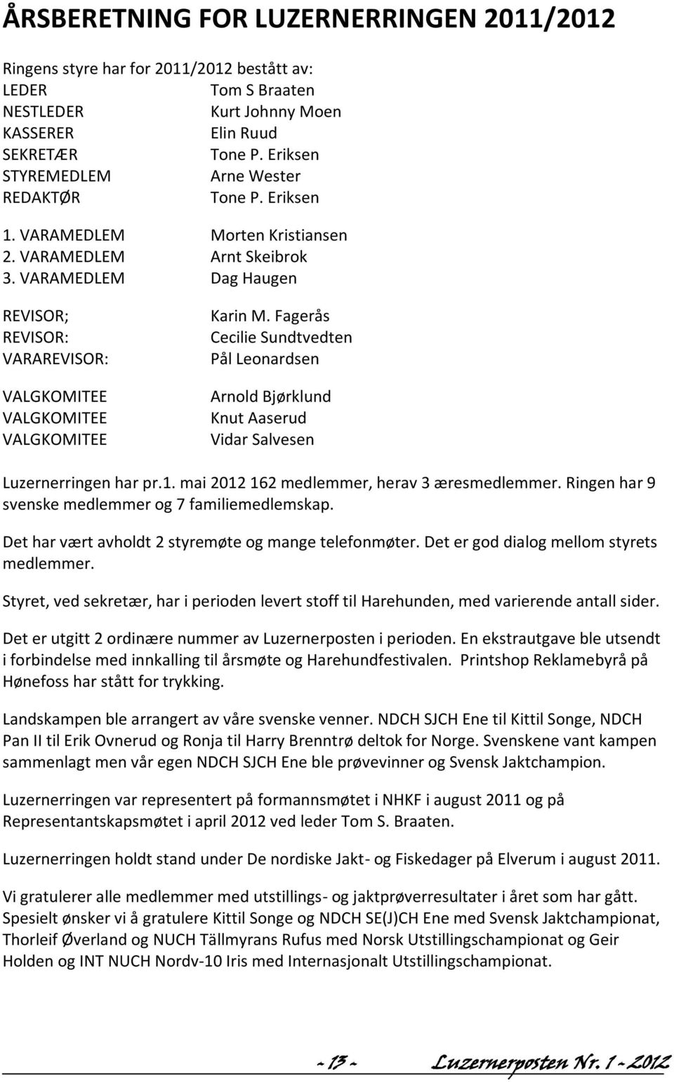 VARAMEDLEM Dag Haugen REVISOR; REVISOR: VARAREVISOR: VALGKOMITEE VALGKOMITEE VALGKOMITEE Karin M.