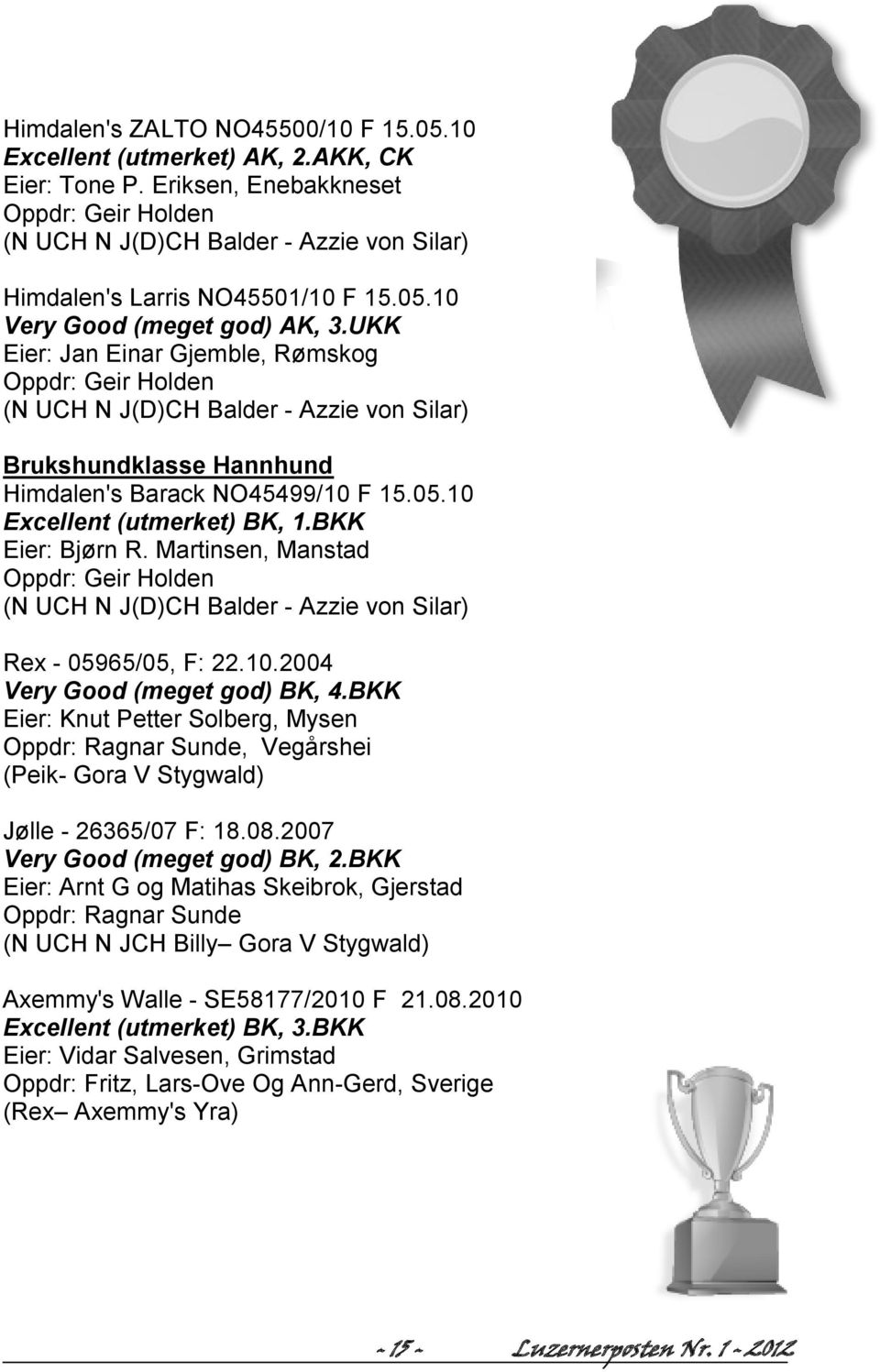 UKK Eier: Jan Einar Gjemble, Rømskog Oppdr: Geir Holden (N UCH N J(D)CH Balder - Azzie von Silar) Brukshundklasse Hannhund Himdalen's Barack NO45499/10 F 15.05.10 Excellent (utmerket) BK, 1.