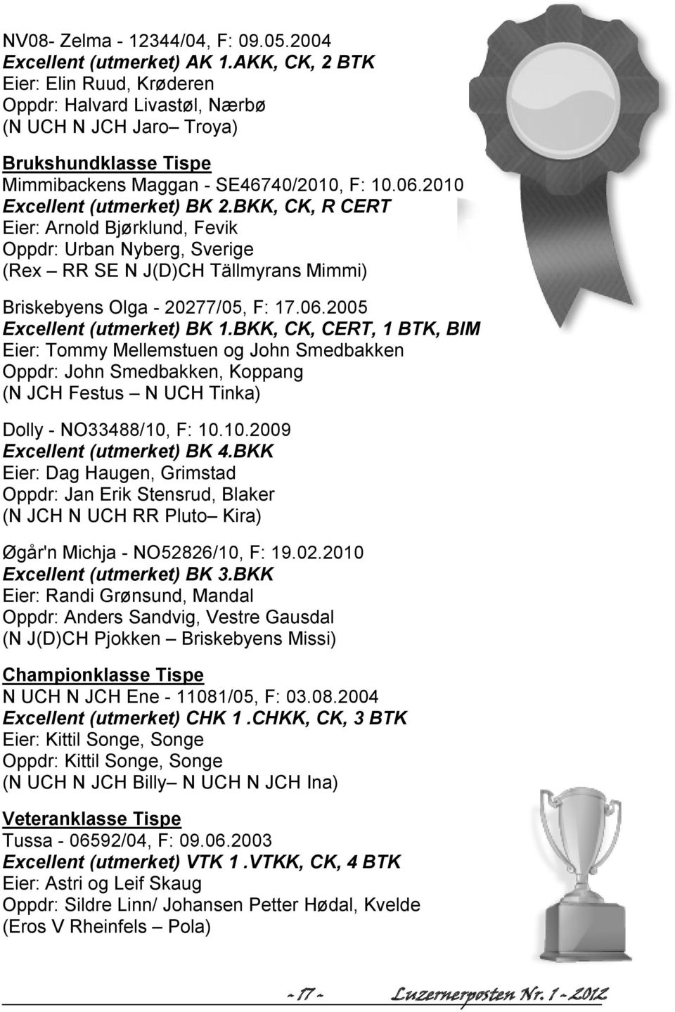 BKK, CK, R CERT Eier: Arnold Bjørklund, Fevik Oppdr: Urban Nyberg, Sverige (Rex RR SE N J(D)CH Tällmyrans Mimmi) Briskebyens Olga - 20277/05, F: 17.06.2005 Excellent (utmerket) BK 1.