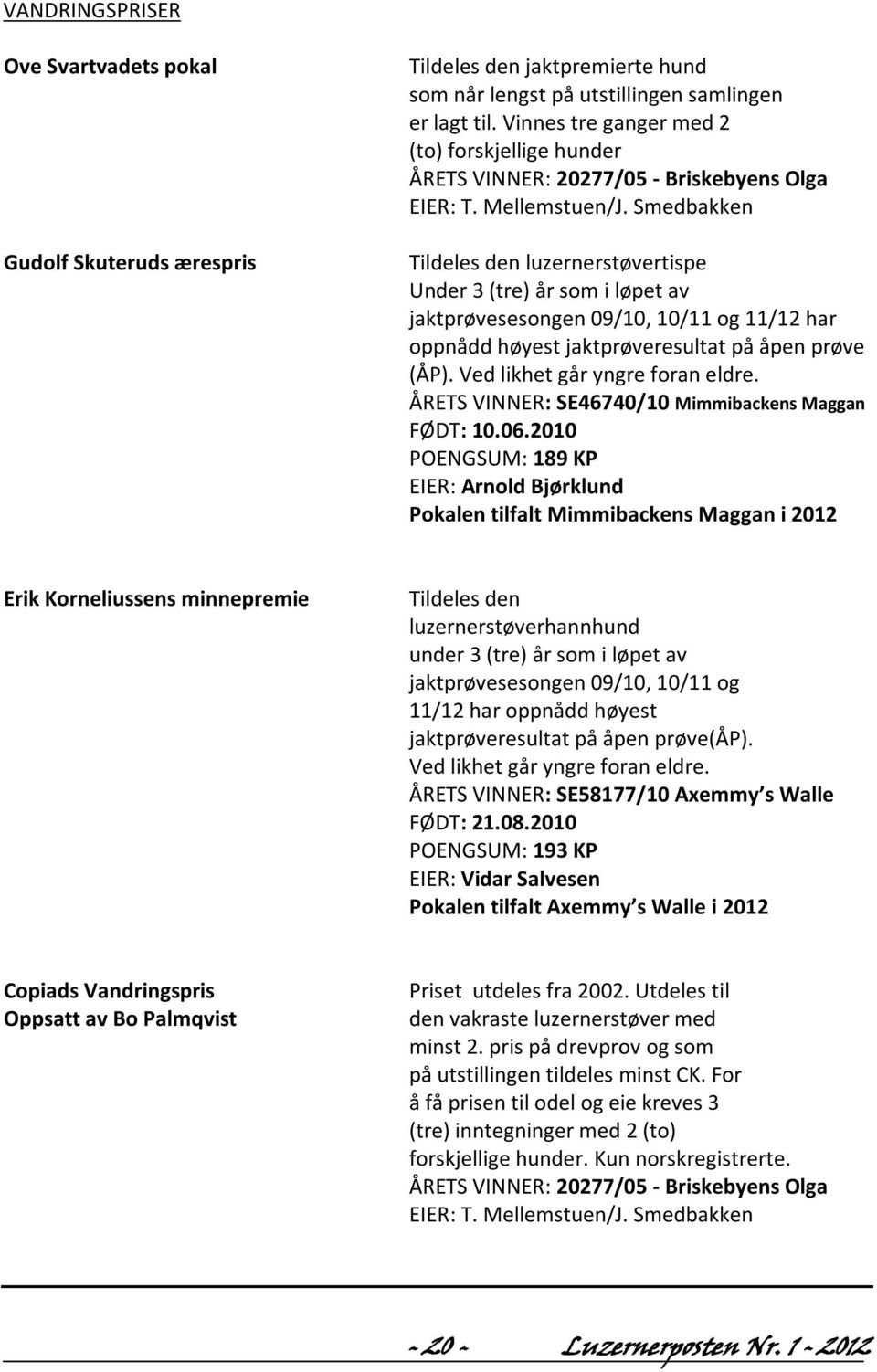 Smedbakken Tildeles den luzernerstøvertispe Under 3 (tre) år som i løpet av jaktprøvesesongen 09/10, 10/11 og 11/12 har oppnådd høyest jaktprøveresultat på åpen prøve (ÅP).