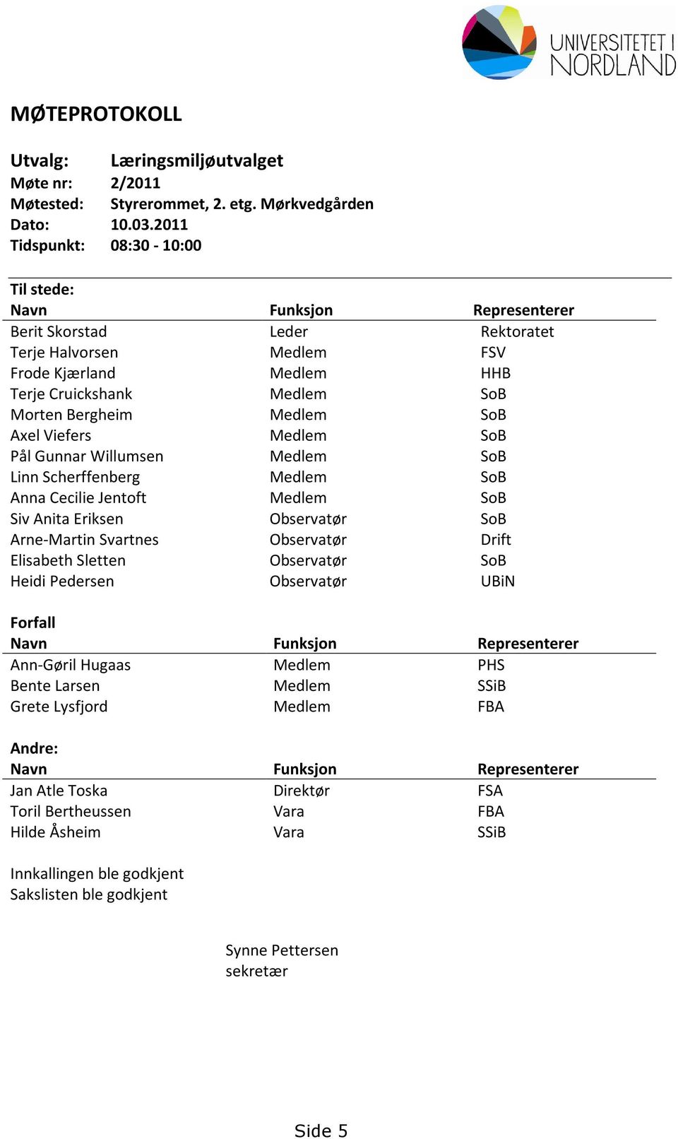 Medlem SoB Axel Viefers Medlem SoB Pål Gunnar Willumsen Medlem SoB Linn Scherffenberg Medlem SoB Anna Cecilie Jentoft Medlem SoB Siv Anita Eriksen Observatør SoB Arne-Martin Svartnes Observatør Drift